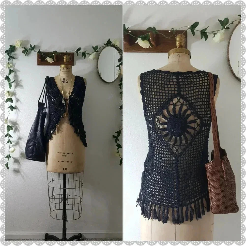 Vintage Sun Black Knit Woven Fringe Country Festival Boho Beach Coverup Dress